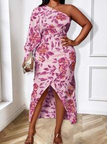 Celure Plus Size Tree Print Asymmetrical Hem Dress - Hot Pink - View 6