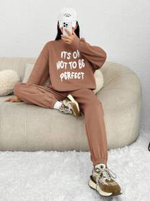 青少年針織泡沫印花運動衫和喇叭褲套裝 - 卡其色 - 查看 6