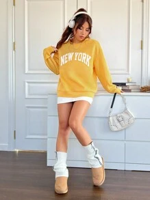 SHEIN EZwear Sudadera Amarilla Con Hombro Caído Y Patrón De Letra Para Mujer - Amarillo - Ver 6