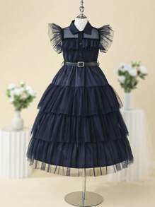 Vestido de fiesta con mangas con volantes y capas de tul para niñas preadolescentes - Azul Marino - Ver 1