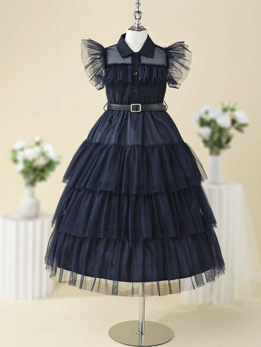 Vestido de fiesta con mangas con volantes y capas de tul para niñas preadolescentes - Azul Marino - Ver 1