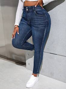 Slaydiva Women's Plus Size High Waisted Slim Fit Denim Jeans, Fall Women Clothes - Blue - View 6