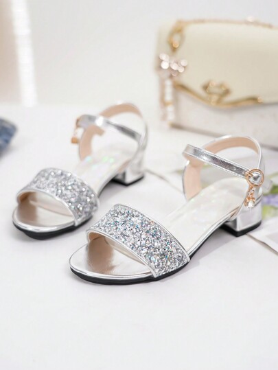 Fashionable And Breathable Glitter Low-Heeled Sandals For Little Girls, Silver