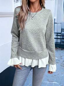 SHEIN LUNE Ladies' Color Blocking Fabric Ruffle Sleeve Sweatshirt Pullover Fall Outfit