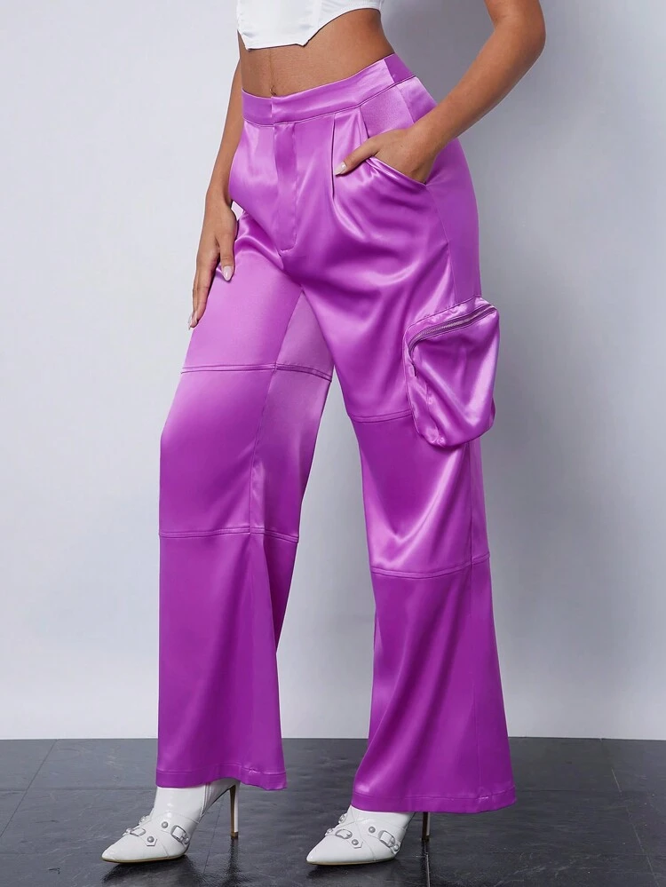 Zip Cargo Pocket Side Satin Pants