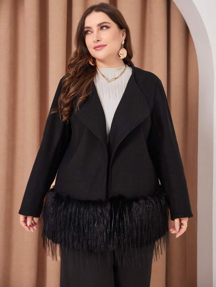Plus Size Woolen Coat With Splicing And Fringe Hem, Waterfall Collar