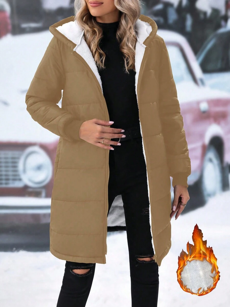 SHEIN LUNE Áo khoác phao trùm đầu lót nhiệt cho mùa đông - Cà phê nâu - Xem 1
