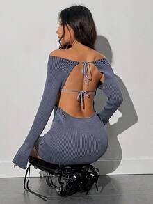 SHEIN Unity Women's Off Shoulder Knitted Sweater Dress With Chain Detail And Hollow Out Ribbed Design - Royal Blue - View 5