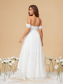 Off Shoulder Lace & 3d Flower Patchwork Chiffon Wedding Dress With High Slit - White - View 2
