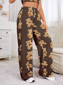 SHEIN EZwear Women's Knitted Pants With Bear Pattern - Coffee Brown - View 3