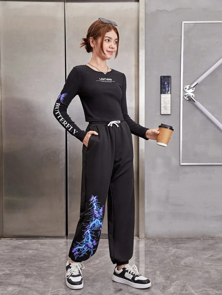 Girls' Teenagers Knitted Letter Printed T-shirt And Butterfly Printed Sweatpants Two-piece Set