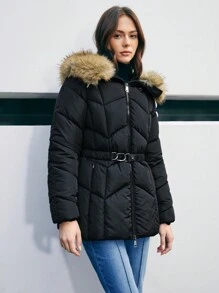 Anewsta Của phụ nữ Ngắn Áo khoác bông Với Dây thắt lưng - màu đen - Xem 3