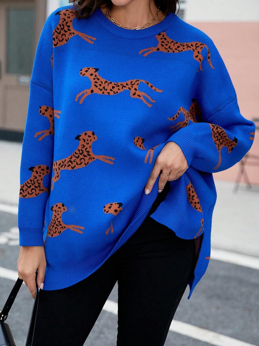 SHEIN LUNE Của phụ nữ Phim hoạt hình động vật Mẫu Thả vai Áo len - Màu xanh lam - Xem 1