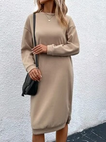 SHEIN LUNE Slogan Graphic Drop Shoulder Split Hem Sweatshirt Dress - Khaki - View 3