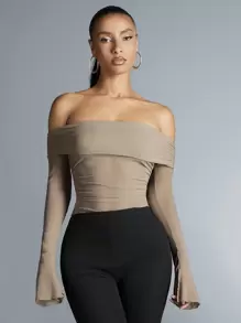 SHEIN BAE 女士露肩褶皺上衣 - 卡其色 - 查看 1