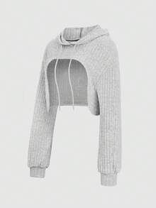 SHEIN Unity 女款高低羅紋連帽運動衫 - 淺灰色 - 查看 3
