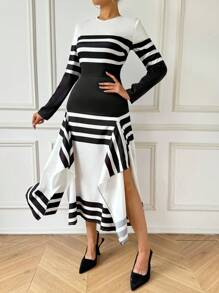 SHEIN Privé Váy màu sọc đen trắng bất đối xứng thanh lịch vừa vặn - Đen và trắng - Xem 3