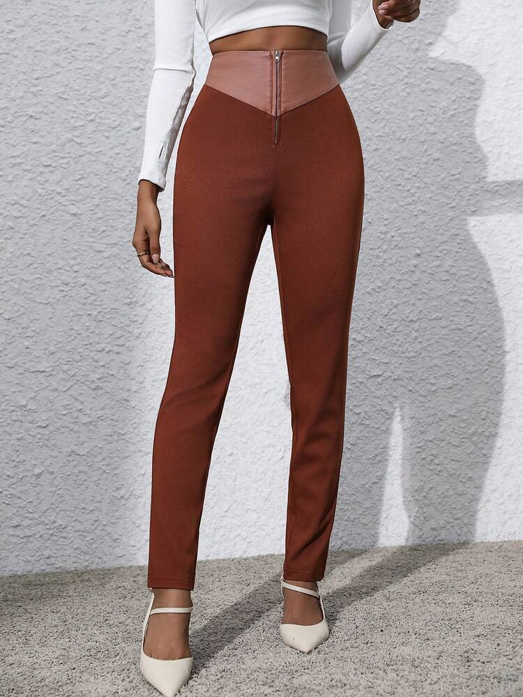 Zipper And High-Waist Color Block Skinny Pants Fall Cloth For Women