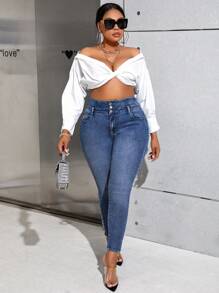 SHEIN Essnce 大尺碼緊身牛仔褲,時尚百搭 - 藍色 - 查看 3