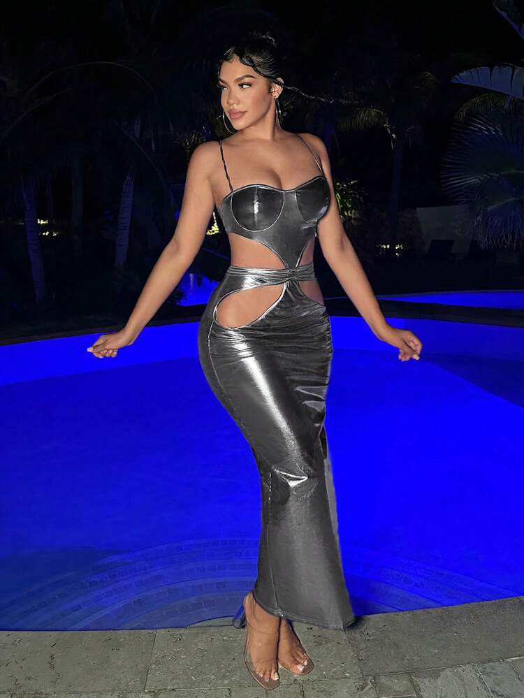 Ladies' Silver Metallic Color Sexy Cami Dress With Waist Tie