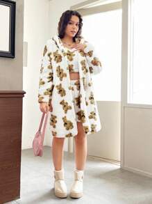 SHEIN EZwear Women's Plus Size Plush 3-piece Set With Teddy Bear Print - Multicolor - View 3