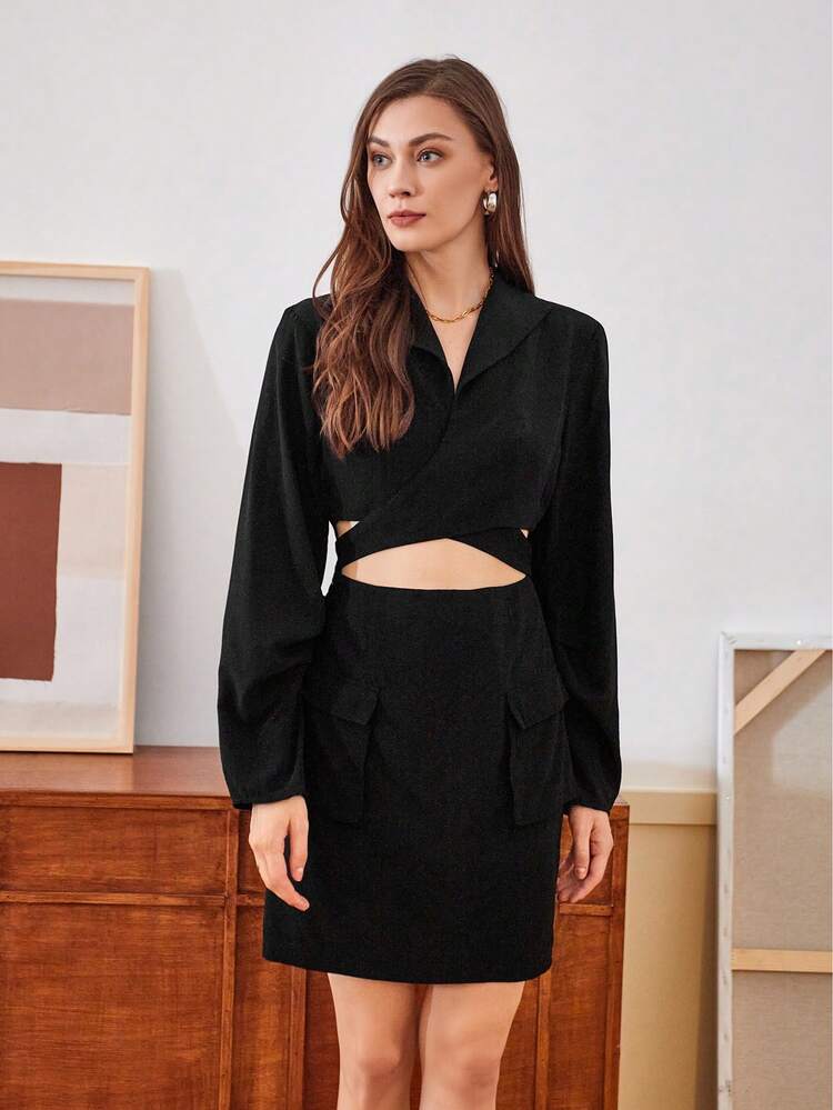 Solid Color Hollow Out Cross Back Dress Fall Cloth For Women