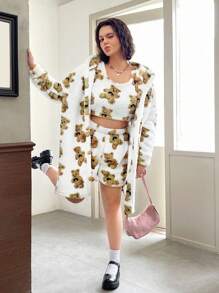SHEIN EZwear Women's Plus Size Plush 3-piece Set With Teddy Bear Print - Multicolor - View 6