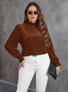 SHEIN Clasi Áo thun nhung cỡ lớn dành cho nữ, có viền bèo nhún. - Rỉ Nâu - Xem 4