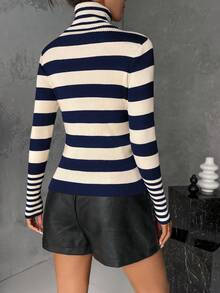 SHEIN Privé 女士條紋高領修身毛衣 - 彩色 - 查看 2