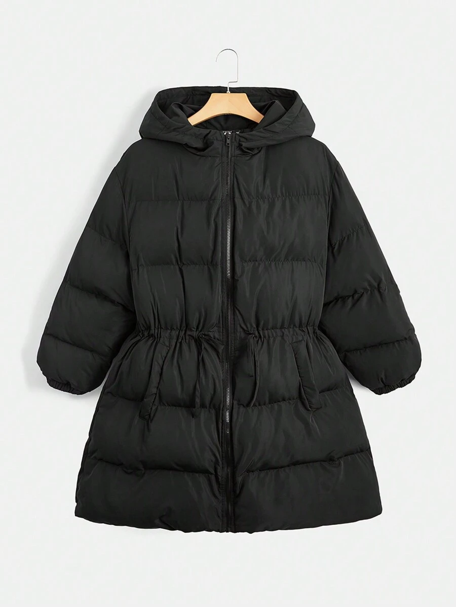 SHEIN EZwear Plus Drawstring Waist Hooded Padded Coat Winter Fall Autumn - Black - View 1