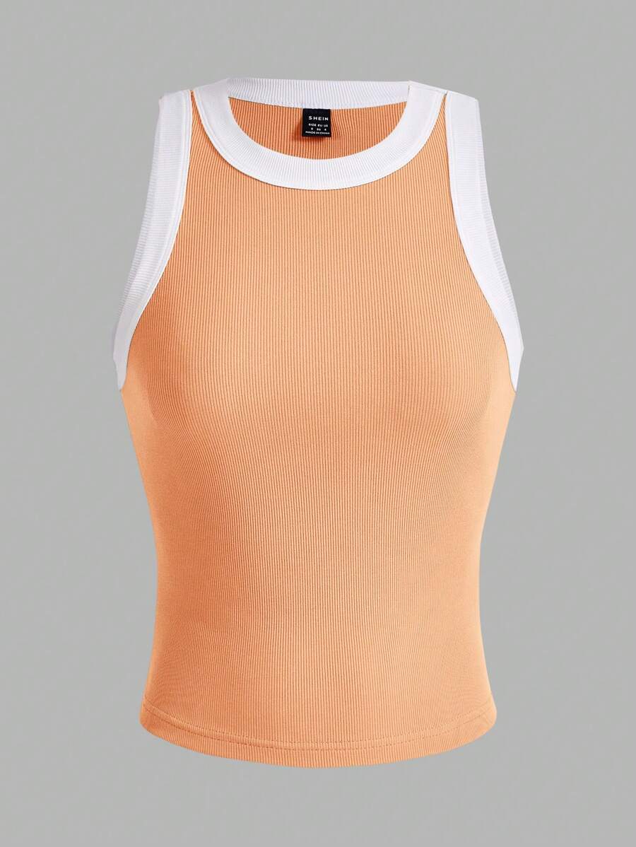 SHEIN BASICS Quý cô Viền Sọc Áo ba lỗ - Màu Cam san hô - Xem 1