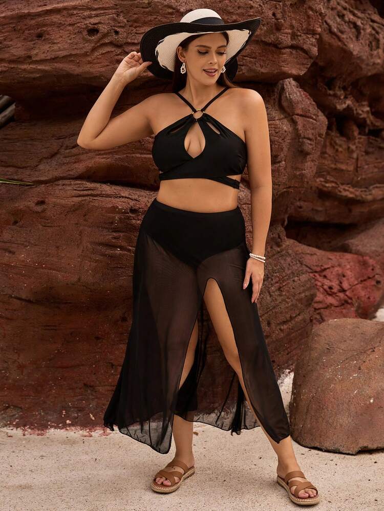 Grande taille couleur unie creux contraste maille Bikini ensemble 3 pièces costume été plage