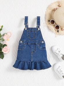 SHEIN Baby Girls' Denim Overall Dress With Elastic Ruffled Hem And Washed Effect, Tee Not Included - Dark Wash - View 3