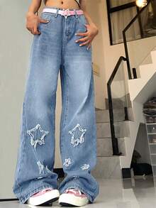 Star Pattern Wide Leg Jeans Without Belt - Dark Wash - View 4