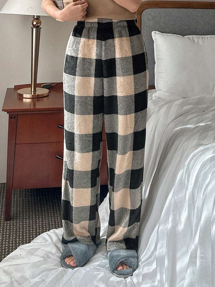 Plaid Furry Straight Pants For Pajamas