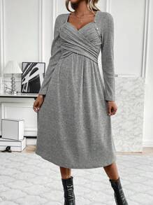 SHEIN LUNE 女士交叉前包裝甜心領紐扣細節連身裙 - 深灰色 - 查看 3