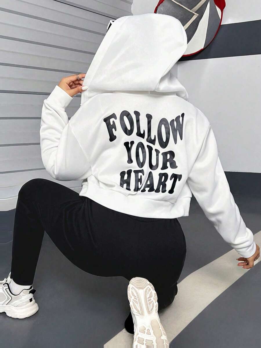 Flirla 標語印花帽t大尺碼短袖套頭衫 - 白色 - 查看 1