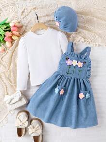 SHEIN 女童兩件套休閒優雅可愛立體花朵連帽兩件套裝 - 藍色 - 查看 4