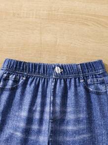 SHEIN Conjunto De Dos Piezas Para Niña Adolescente: Sudadera Con Estampado De Figura Y Pantalones Acampanados Con Estampado De Efecto Denim - Multicolor - Ver 6