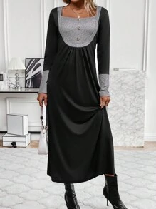 SHEIN LUNE Women's Color Block Square Collar Button Detail Dress - Black - View 4
