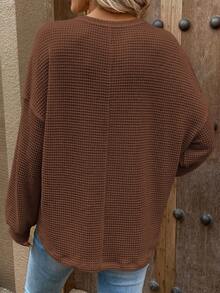 SHEIN LUNE 女款純色落肩撞色拼接口袋 T 卹 - 摩卡棕 - 查看 2