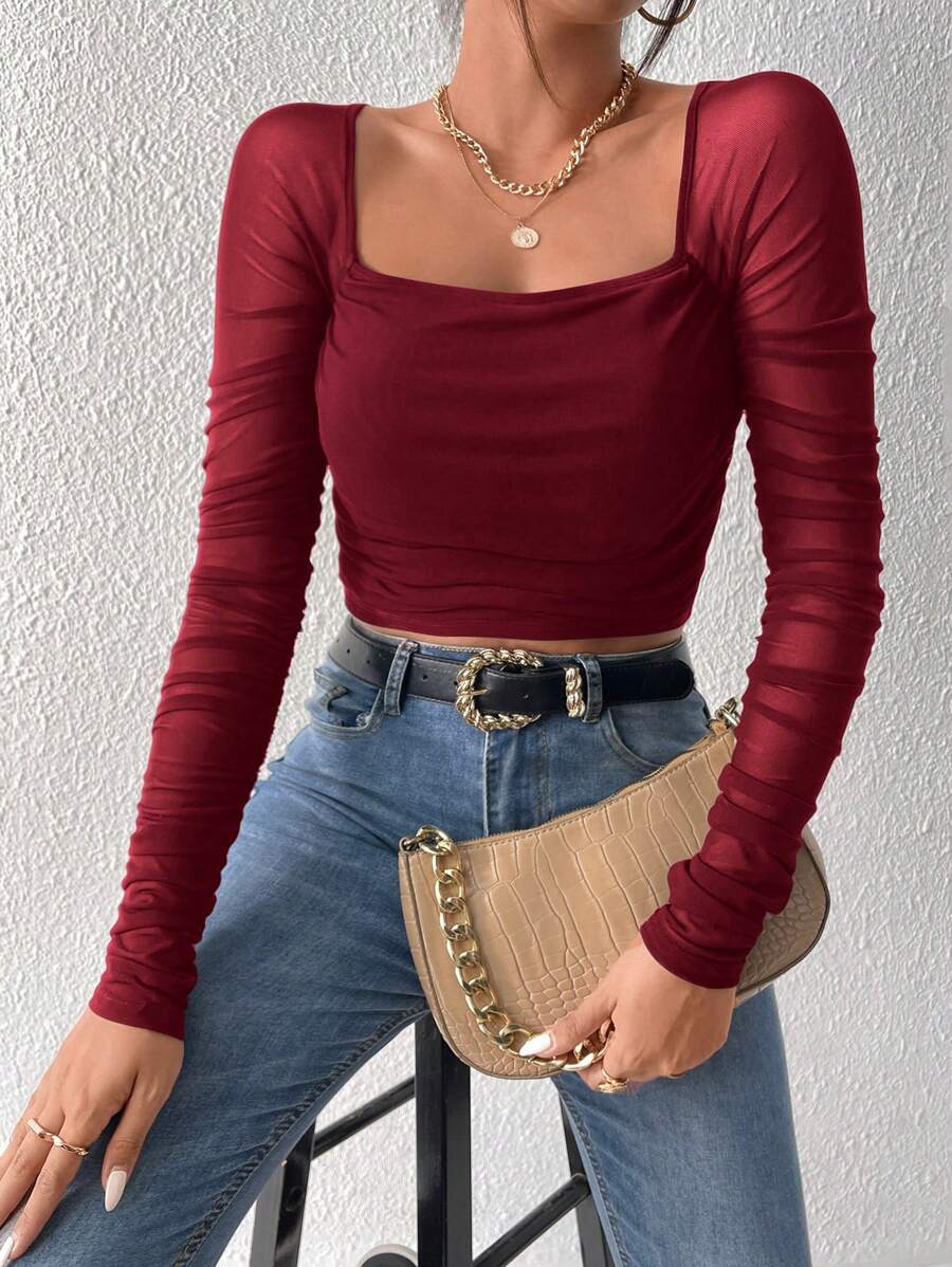 SHEIN Privé 女款拼接百褶袖方領上衣 - 酒紅色 - 查看 1