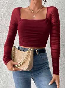 SHEIN Privé 女款拼接百褶袖方領上衣 - 酒紅色 - 查看 3