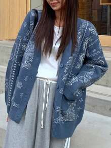 DAZY Hình Bướm Thả vai Áo len Mở Với Giường đôi tiêu chuẩn Túi Và Nút phía trước - Màu xanh lam - Xem 3