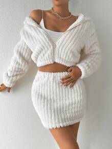 SHEIN Essnce Của phụ nữ Dây kéo Khép kín áo có mũ Áo khoác Và Bộ váy - Màu be - Xem 1