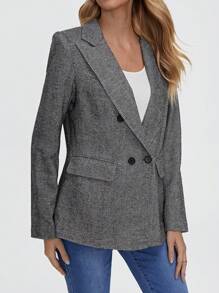 EMERY ROSE Lapel Neck Double Button Blazer - Dark Grey - View 6