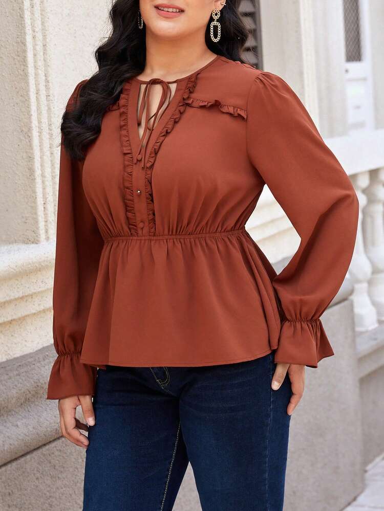 Women's Plus Size Tie Neck Ruffle Sleeve Blouse