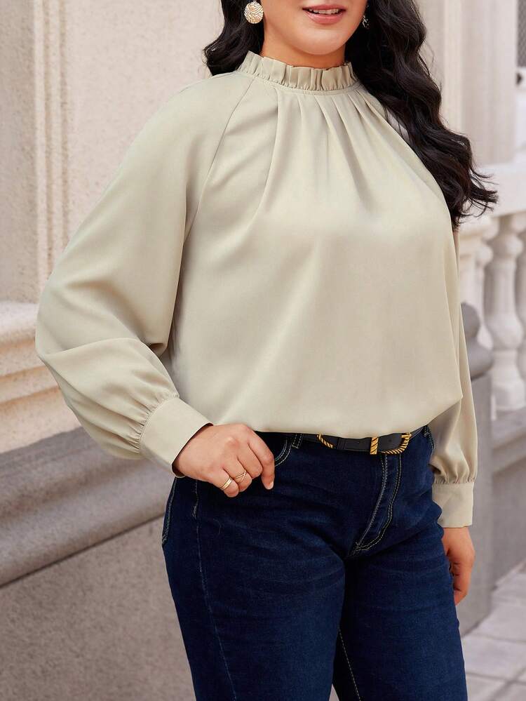 Women's Plus Size Solid Color Frilled Collar Pintucked Shirt With Ruffle Trim