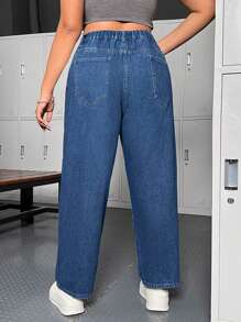 SHEIN ICON Plus Size Women's Mid-rise Straight Leg Jeans - Blue - View 2