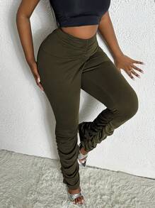 Slaydiva Cộng với kích thước Quần bó sát lưng thun xếp li màu trơn - xanh quân đội - Xem 3